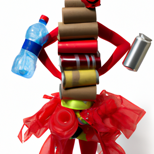 A beer can, water bottle, toilet paper, and trail runner wearing a red dress stacked on top of each other