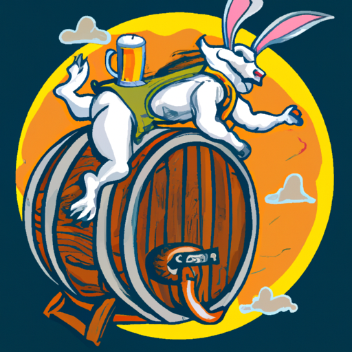 A rabbit riding a keg of beer to the moon