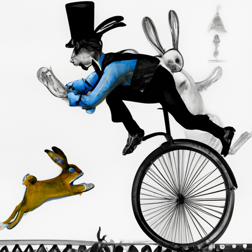 A rabbit riding a pennyfarthing being chased by the cops
