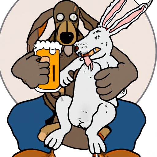 A rabbit and a hound hugging and drinking beer
