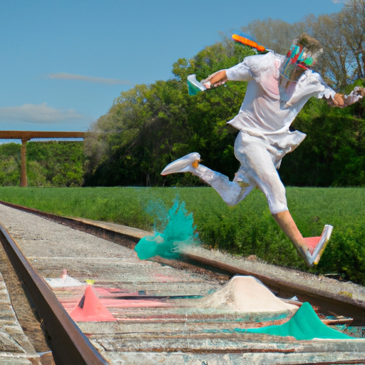A trail runner leaping over railroad tracks who is covered in toilet paper, flour, food coloring, and chalk